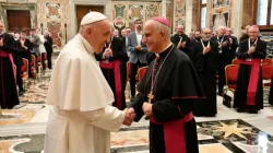 Pope Francis greets Archbishop Rino Fisichella in the Vatican's Clementine Hall, Sept. 17, 2021. Vatican Media.